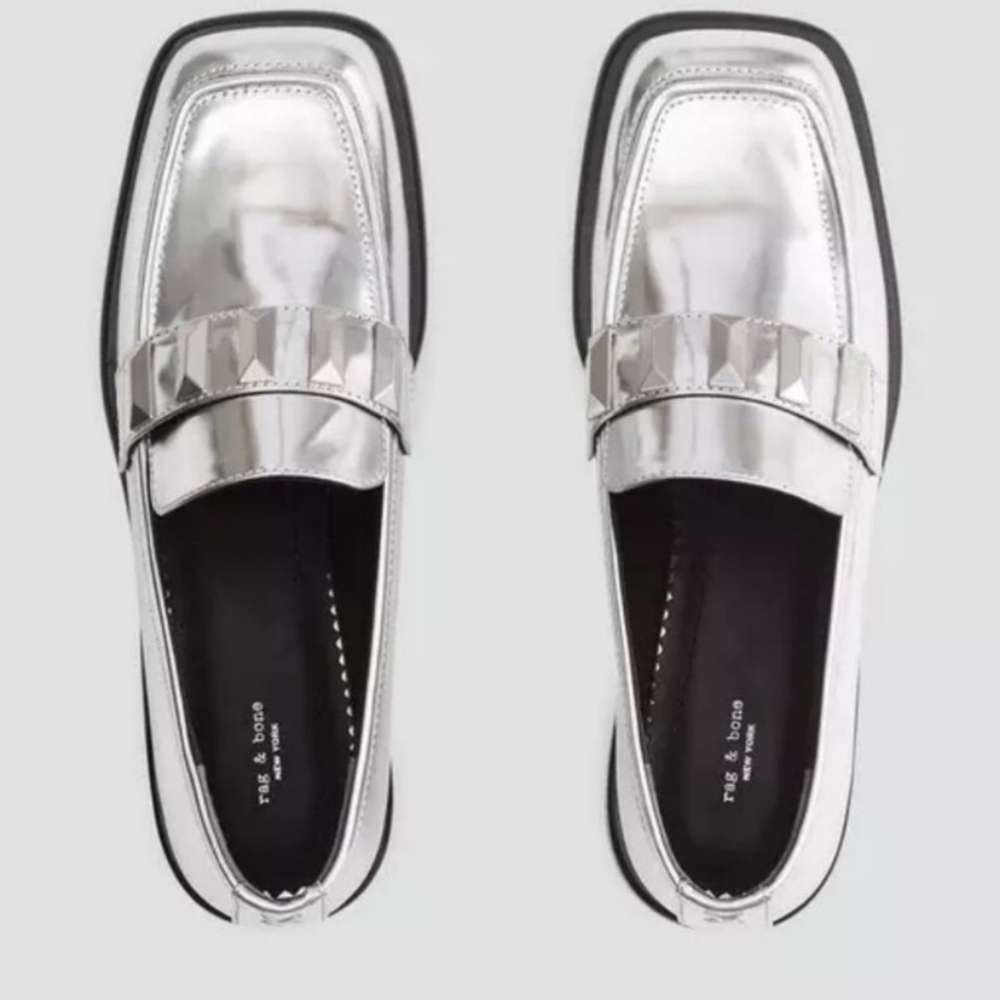 Rag & bone Silver Maxwell Loafers Flats NWT Studded Shiny Leather Casual Grunge - Picture 12 of 14